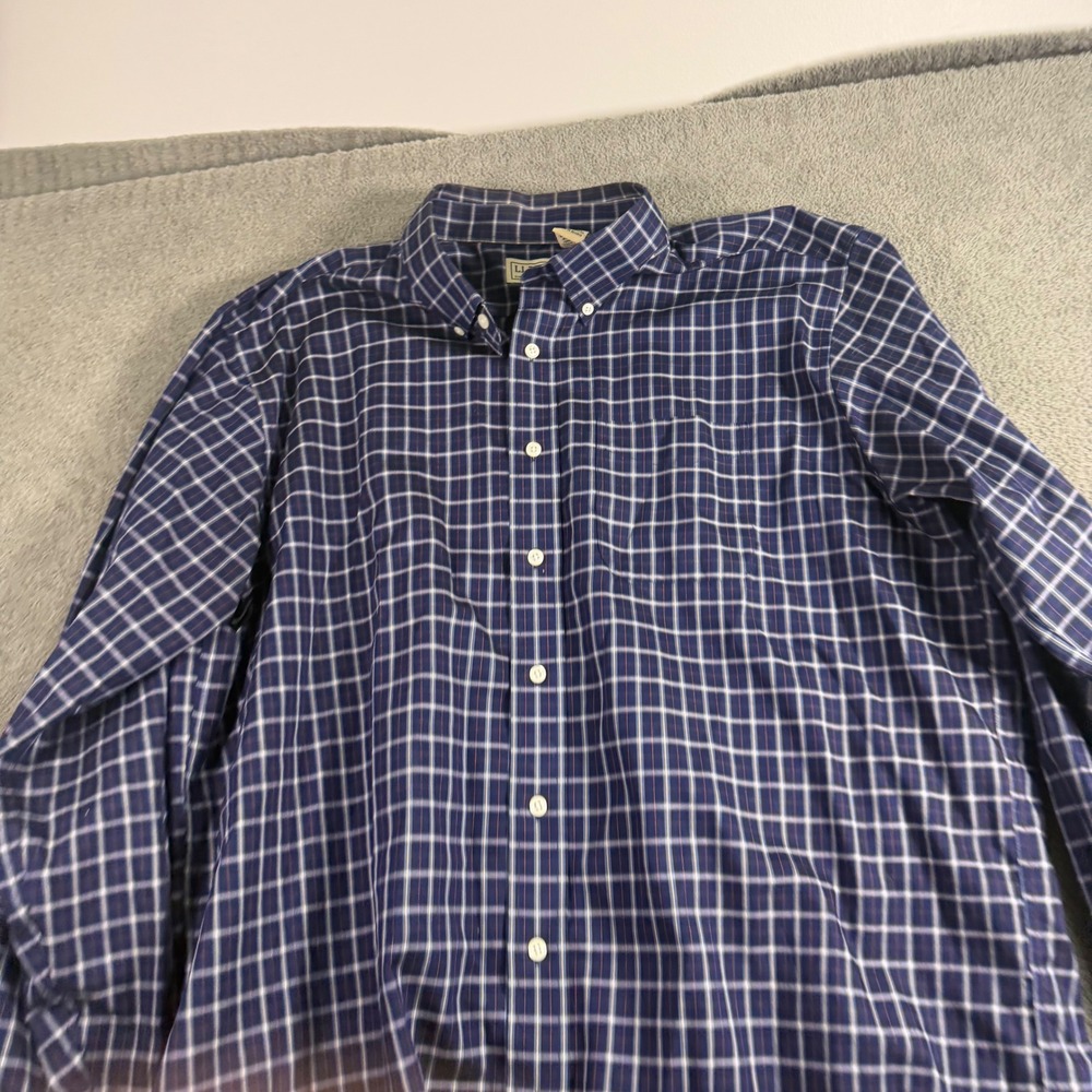 LL Bean Mens XL Tall Navy Blue Plaid Button Down Shirt 100% Cotton Long Sleeve